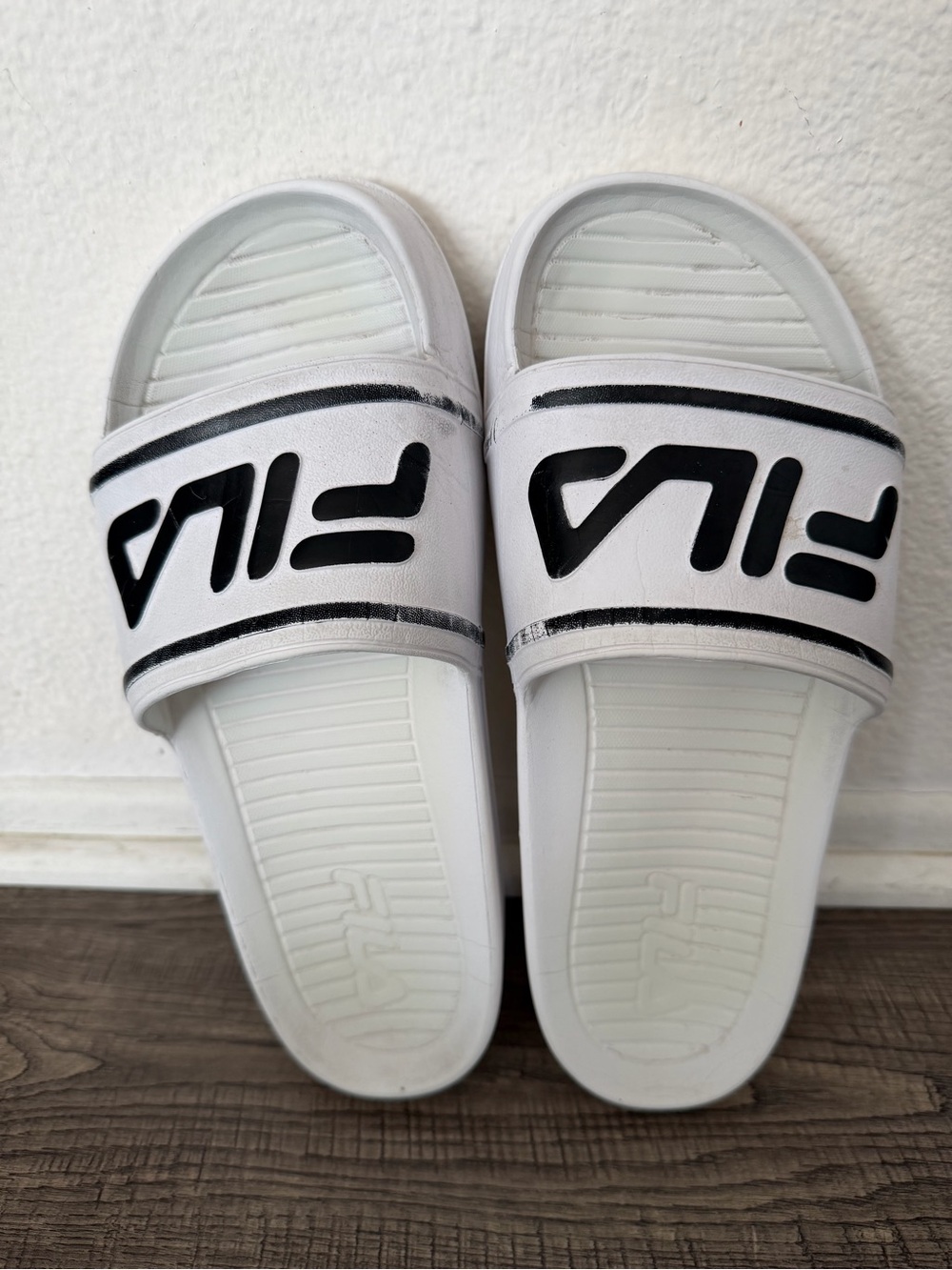 Fila White Slides with Black Logo Strap